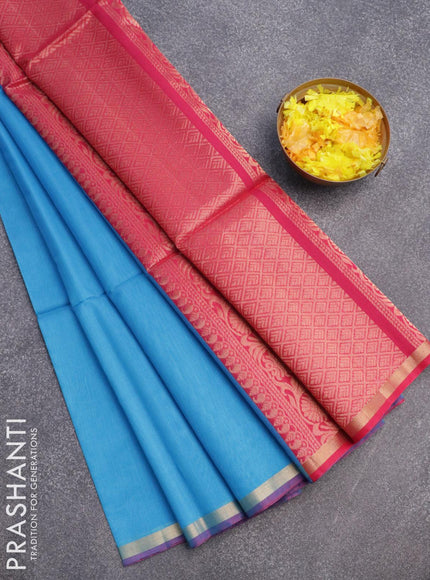 Kora silk cotton saree light blue and pink with zari woven buttas and zari woven piping border