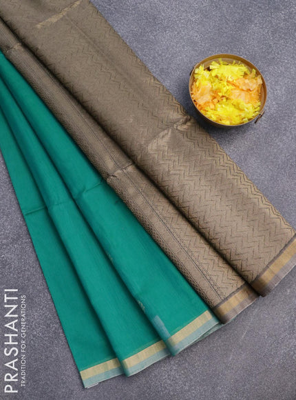 Kora silk cotton saree teal green and grey with allover zari woven buttas and zari woven piping border