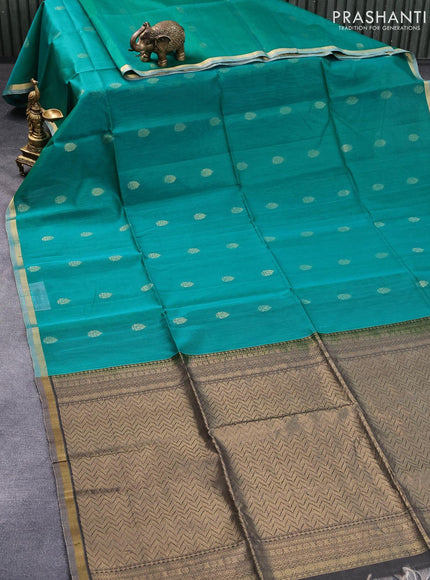 Kora silk cotton saree teal green and grey with allover zari woven buttas and zari woven piping border