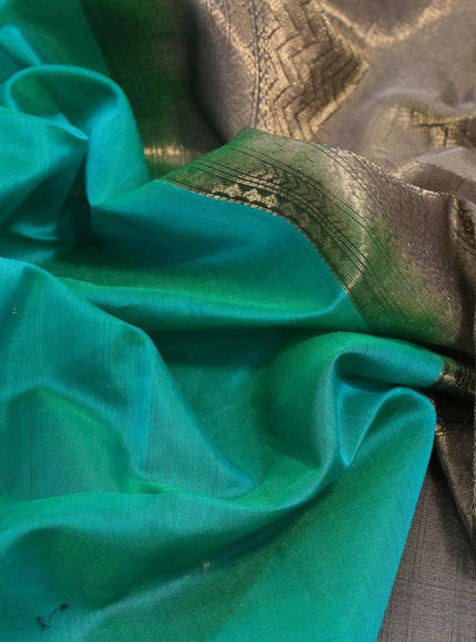 Kora silk cotton saree teal green and grey with allover zari woven buttas and zari woven piping border