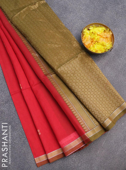 Kora silk cotton saree red and mehendi green with silver & gold zari woven buttas and zari woven border