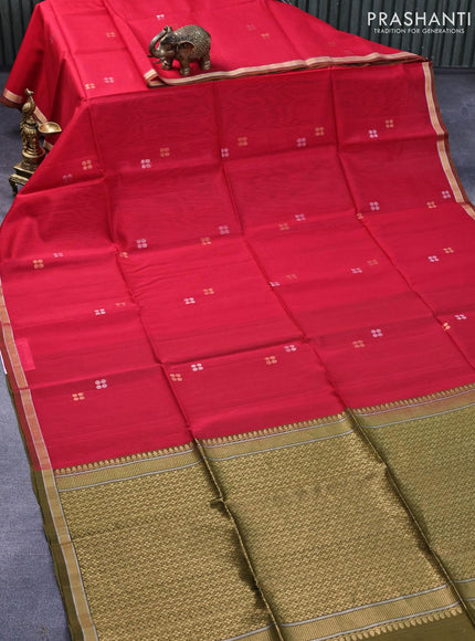 Kora silk cotton saree red and mehendi green with silver & gold zari woven buttas and zari woven border