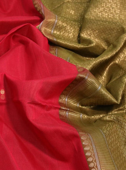 Kora silk cotton saree red and mehendi green with silver & gold zari woven buttas and zari woven border