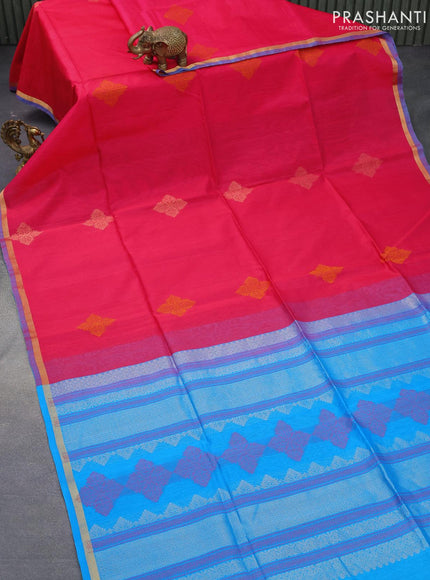 Kora silk cotton saree dual shade of pink and cs blue with thread woven buttas and zari woven piping border