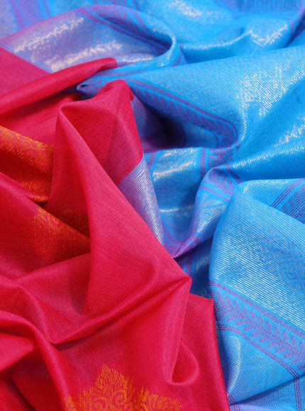 Kora silk cotton saree dual shade of pink and cs blue with thread woven buttas and zari woven piping border