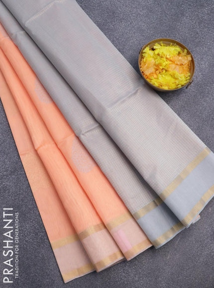 Kora silk cotton saree peach orange and grey with thread & zari woven buttas and rettapet zari woven border