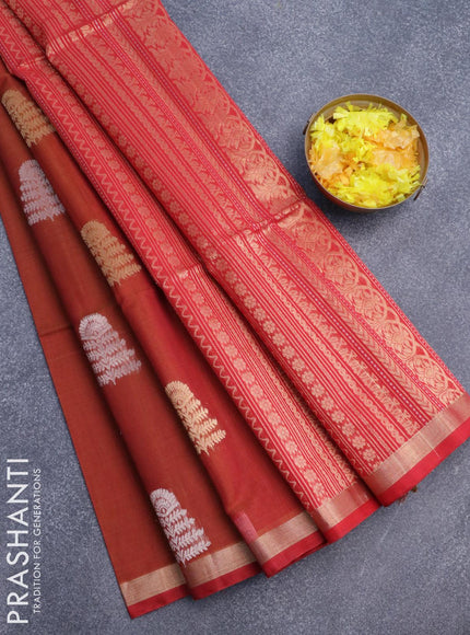 Kora silk cotton saree rust shade and red with zari woven buttas and zari woven border