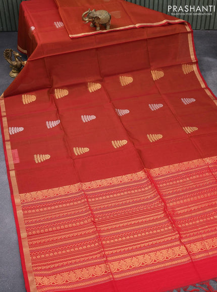 Kora silk cotton saree rust shade and red with zari woven buttas and zari woven border