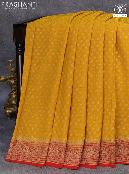 Pure banarasi georgette silk saree mustard yellow and red with allover thread & zari woven butta weaves and woven border