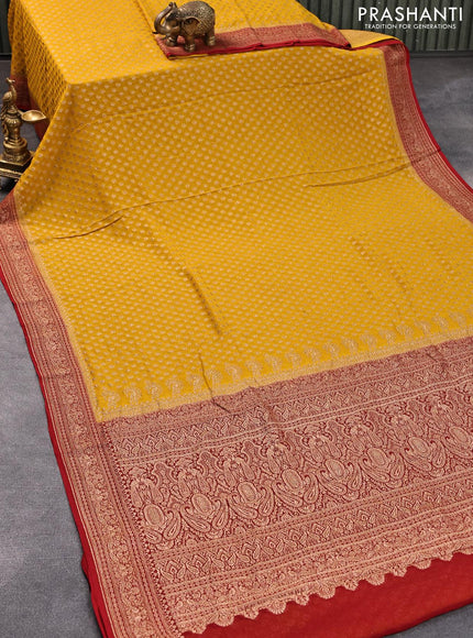 Pure banarasi georgette silk saree mustard yellow and red with allover thread & zari woven butta weaves and woven border