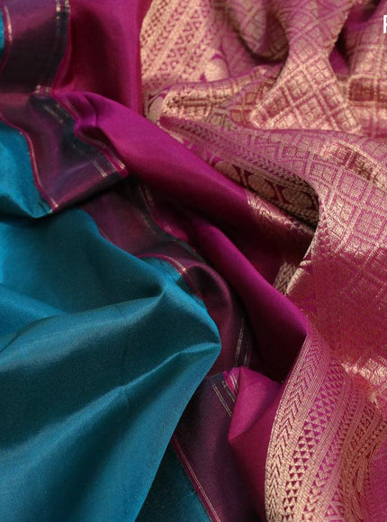 10 yards silk saree peacock green and purple with plain body and zari woven border without blouse