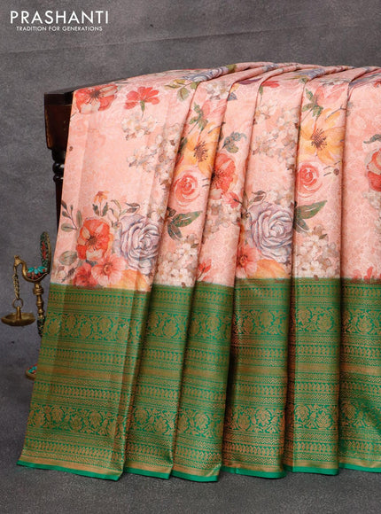 Pure kanjivaram silk saree pastel pink and green with allover floral digital prints & copper zari weaves and long zari woven border