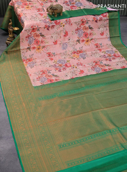 Pure kanjivaram silk saree pastel pink and green with allover floral digital prints & copper zari weaves and long zari woven border