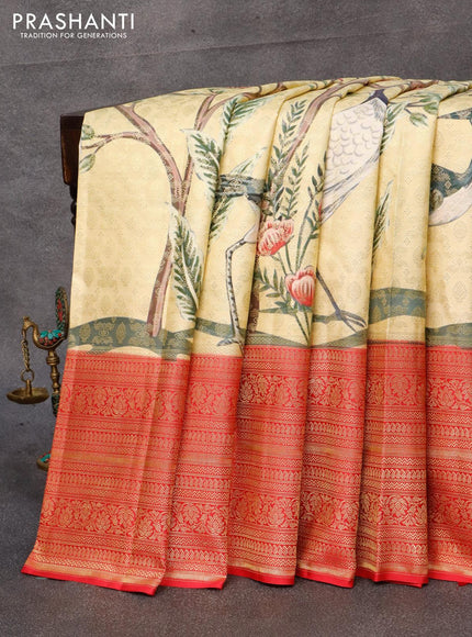 Pure kanjivaram silk saree sandal and red with allover floral digital prints & zari weaves and long zari woven border