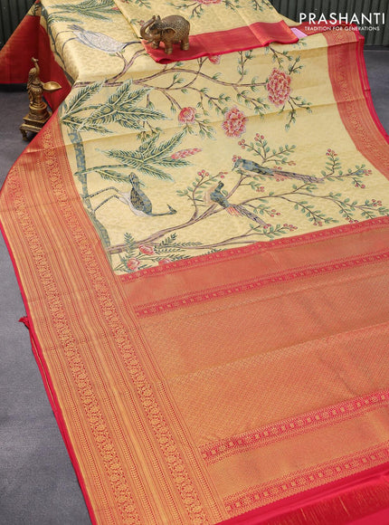 Pure kanjivaram silk saree sandal and red with allover floral digital prints & zari weaves and long zari woven border