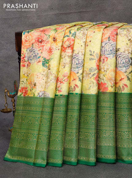 Pure kanjivaram silk saree lime yellow and green with allover floral digital prints & zari weaves and long zari woven border