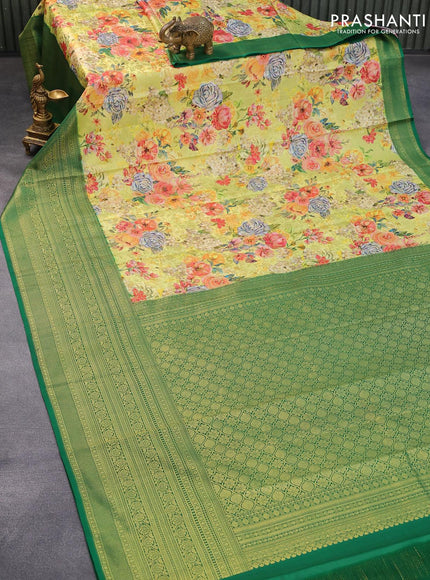 Pure kanjivaram silk saree lime yellow and green with allover floral digital prints & zari weaves and long zari woven border