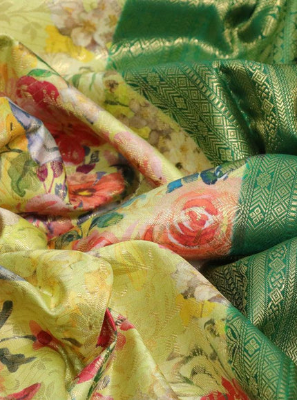 Pure kanjivaram silk saree lime yellow and green with allover floral digital prints & zari weaves and long zari woven border