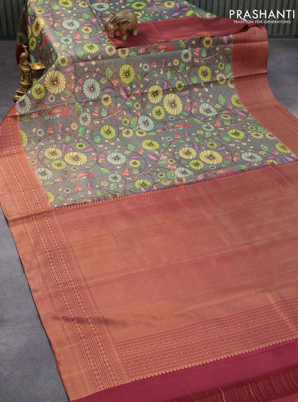 Pure kanjivaram silk saree grey and maroon with allover floral digital prints & zari weaves and long zari woven border