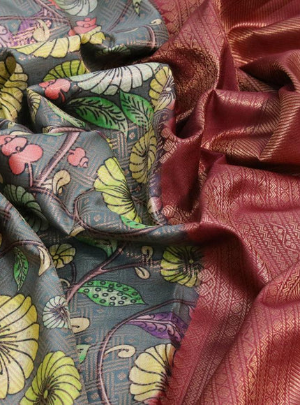 Pure kanjivaram silk saree grey and maroon with allover floral digital prints & zari weaves and long zari woven border