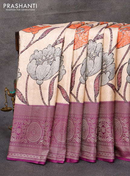 Pure kanjivaram silk saree cream and violet with allover floral digital prints & zari weaves and silver zari woven border