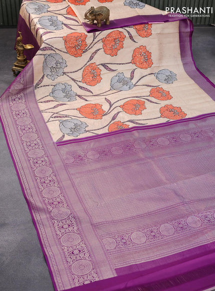 Pure kanjivaram silk saree cream and violet with allover floral digital prints & zari weaves and silver zari woven border