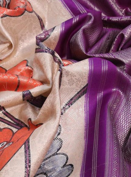 Pure kanjivaram silk saree cream and violet with allover floral digital prints & zari weaves and silver zari woven border