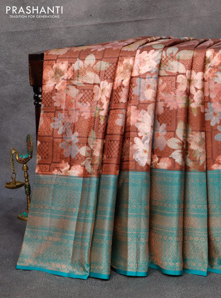 Pure kanjivaram silk saree brown and teal green with allover floral digital prints & zari weaves and long zari woven border