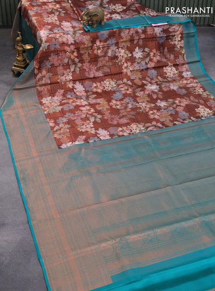 Pure kanjivaram silk saree brown and teal green with allover floral digital prints & zari weaves and long zari woven border