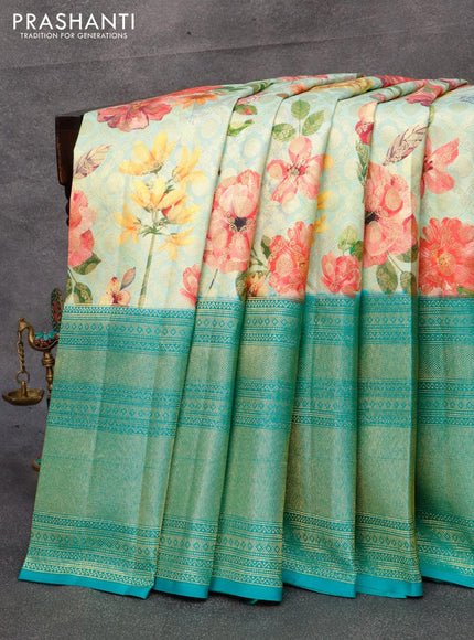 Pure kanjivaram silk saree pastel blue and teal green with allover floral digital prints & zari weaves and long zari woven border