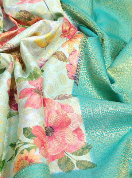 Pure kanjivaram silk saree pastel blue and teal green with allover floral digital prints & zari weaves and long zari woven border