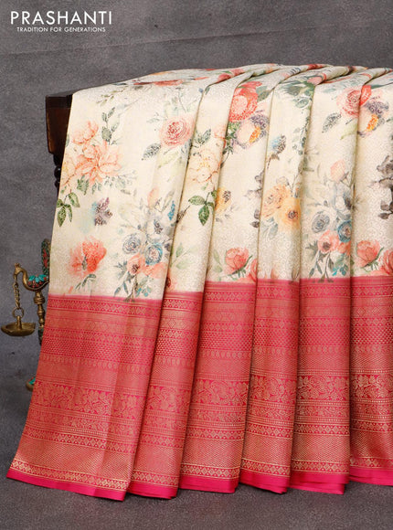 Pure kanjivaram silk saree off white and pink with allover floral digital prints & zari weaves and long zari woven border