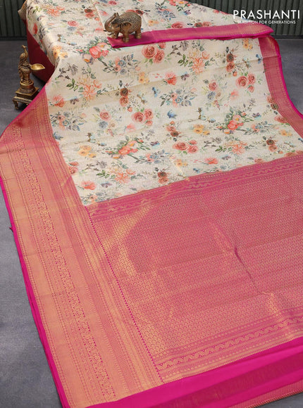 Pure kanjivaram silk saree off white and pink with allover floral digital prints & zari weaves and long zari woven border