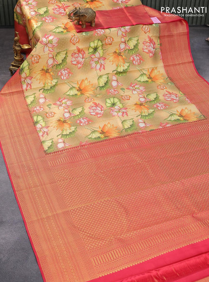 Pure kanjivaram silk saree sandal and red with allover floral digital prints & zari weaves and long zari woven border