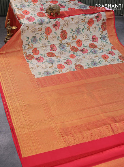 Pure kanjivaram silk saree grey and red with allover floral digital prints & zari weaves and long zari woven border