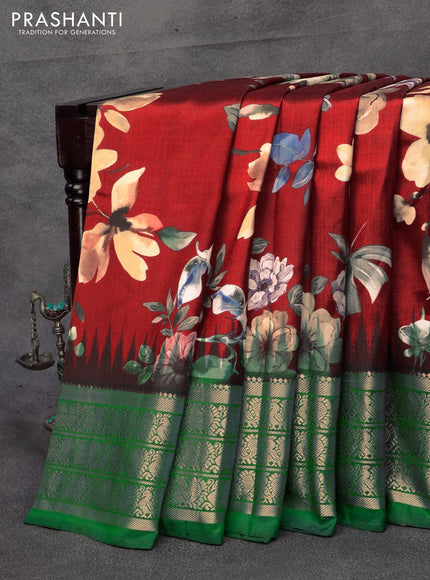 Pure kanjivaram silk saree maroon and green with allover floral digital prints and annam zari woven border