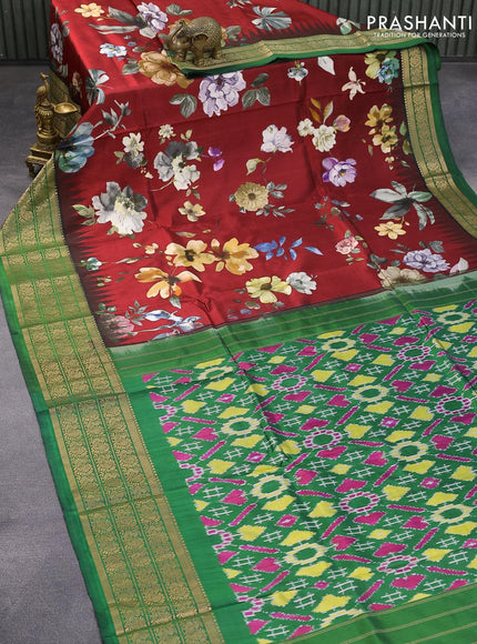 Pure kanjivaram silk saree maroon and green with allover floral digital prints and annam zari woven border