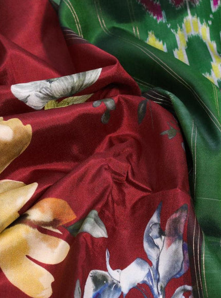 Pure kanjivaram silk saree maroon and green with allover floral digital prints and annam zari woven border