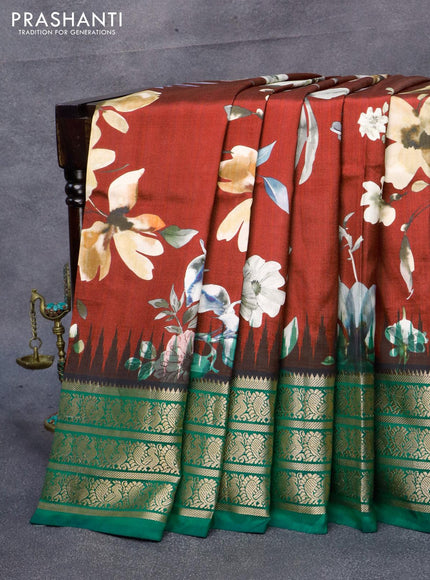 Pure kanjivaram silk saree maroon and green with allover floral digital prints and annam zari woven border