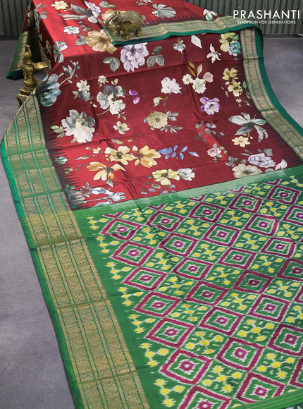 Pure kanjivaram silk saree maroon and green with allover floral digital prints and annam zari woven border