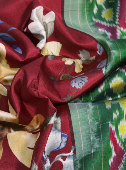 Pure kanjivaram silk saree maroon and green with allover floral digital prints and annam zari woven border