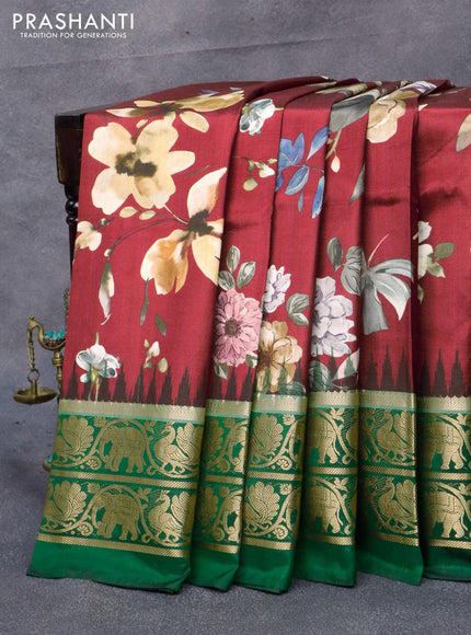 Pure kanjivaram silk saree maroon and green with allover floral digital prints and annam & elephant design zari woven border