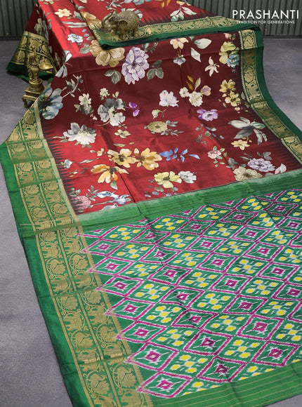 Pure kanjivaram silk saree maroon and green with allover floral digital prints and annam & elephant design zari woven border