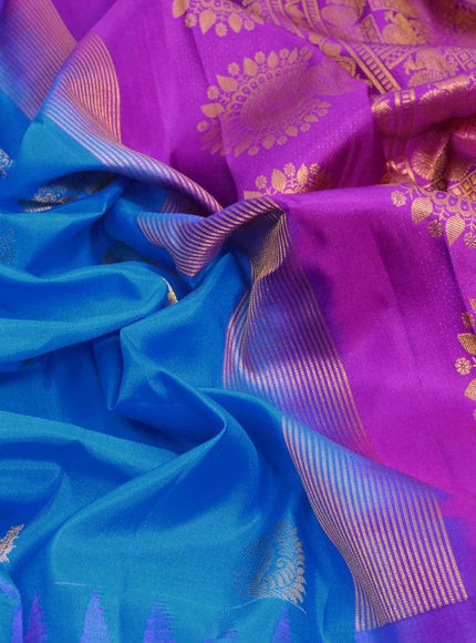 Pure gadwal silk saree cs blue and purple with allover zari woven buttas and temple design long elephant & peacock zari woven border