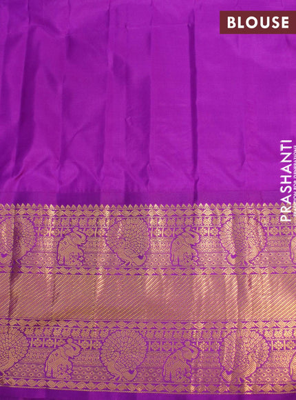 Pure gadwal silk saree cs blue and purple with allover zari woven buttas and temple design long elephant & peacock zari woven border