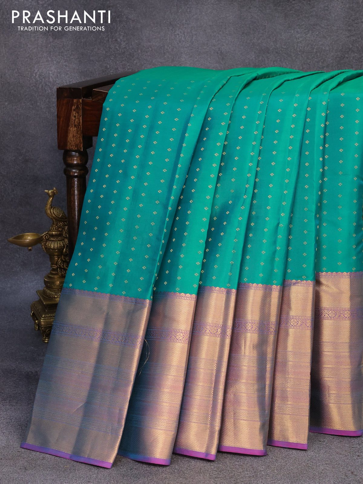 Peacock blue kanchi silkcotton saree ayiram 1000 butta rudraksh border –  GoCoop