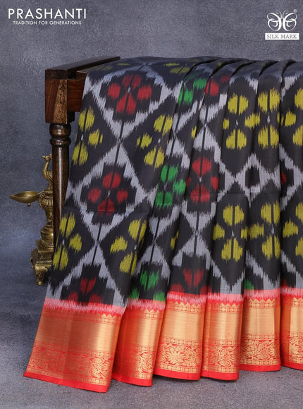 Ikat soft silk saree black and red with allover ikat weaves and zari woven border