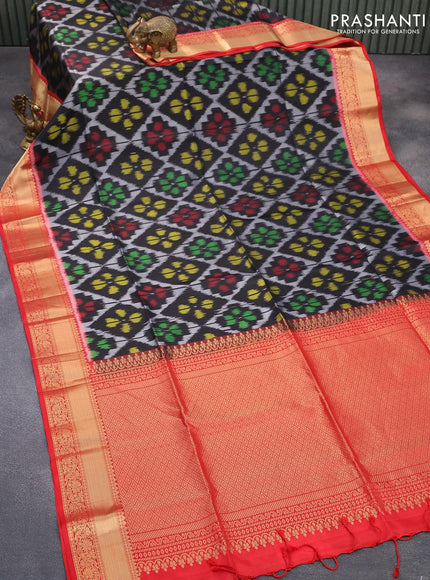 Ikat soft silk saree black and red with allover ikat weaves and zari woven border