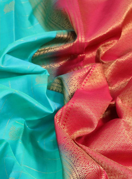 Pure kanjivaram silk saree dual shade of teal blue and pink with allover zari checked pattern & zari buttas and zari woven border