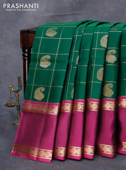 Pure soft silk saree green and purple with allover zari checks & paisley buttas and rettapet zari woven border